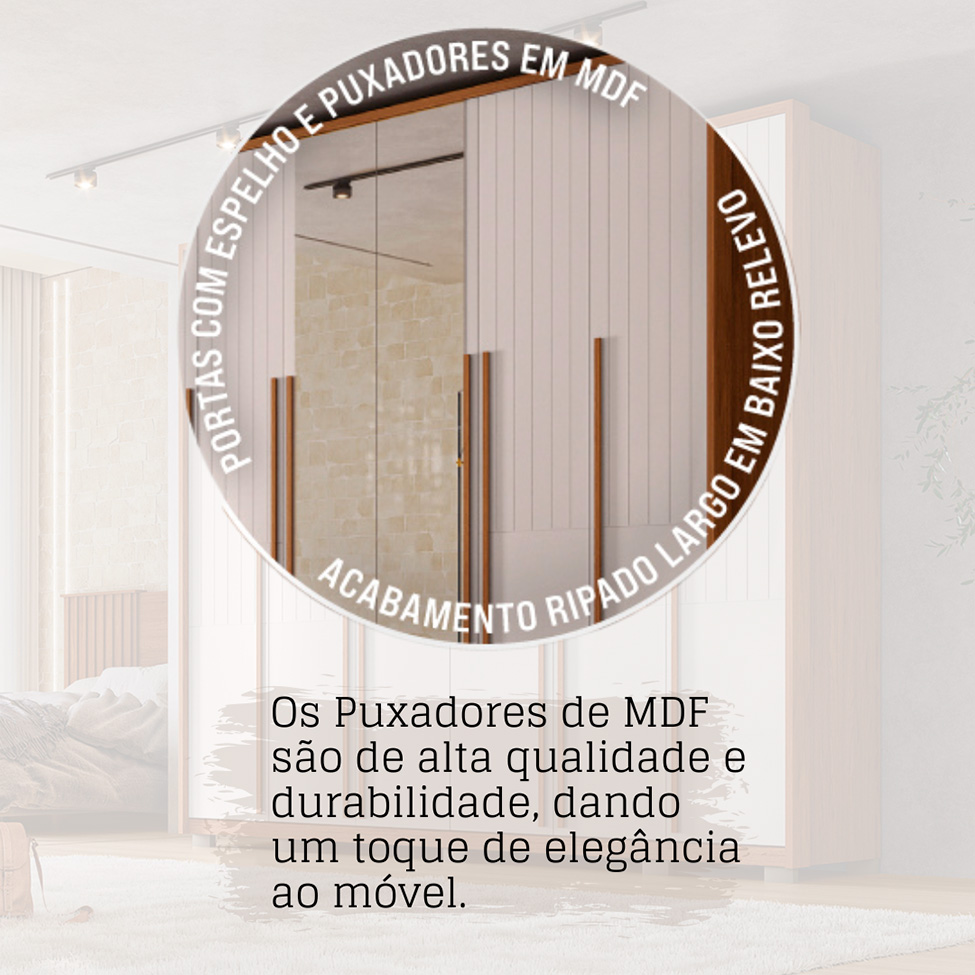Guarda-Roupa Casal com 2 Espelhos Quintus Ripado 6 Portas 6 Gavetas Freijó e Off White