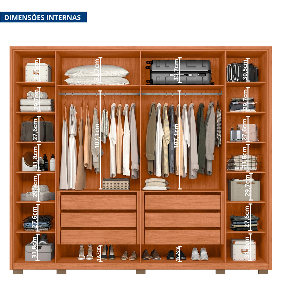 Guarda-Roupa Casal com 2 Espelhos Quintus Ripado 6 Portas 6 Gavetas Freijó e Off White