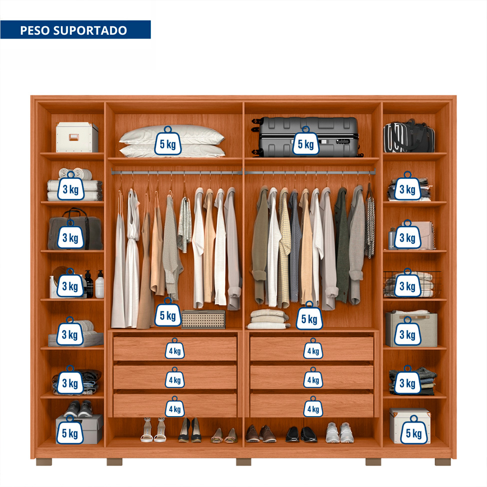 Guarda-Roupa Casal com 2 Espelhos Quintus Ripado 6 Portas 6 Gavetas Freijó e Off White