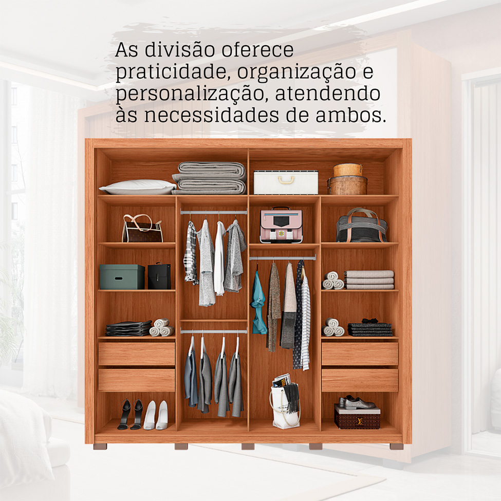 Guarda-Roupa Casal com 2 Espelhos Romanus Ripado 2 Portas 4 Gavetas Freijó e Off White