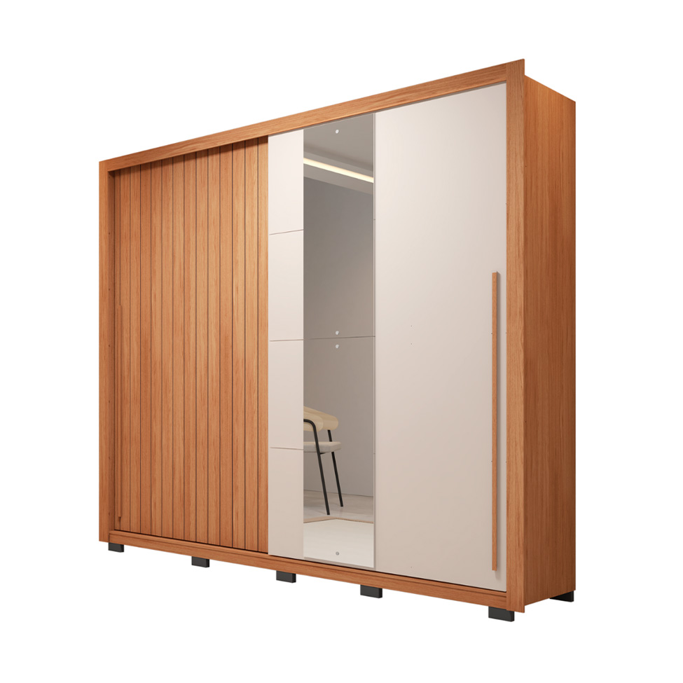 Guarda-Roupa Casal com 2 Espelhos Romanus Ripado 2 Portas 4 Gavetas Freijó e Off White