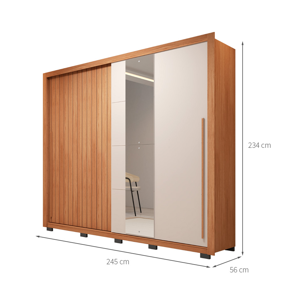 Guarda-Roupa Casal com 2 Espelhos Romanus Ripado 2 Portas 4 Gavetas Freijó e Off White