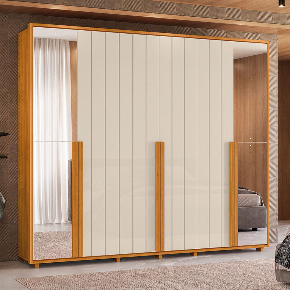 Guarda-Roupa Casal com 2 Espelhos Volpi 6 Portas 6 Gavetas Cinamomo e Off White