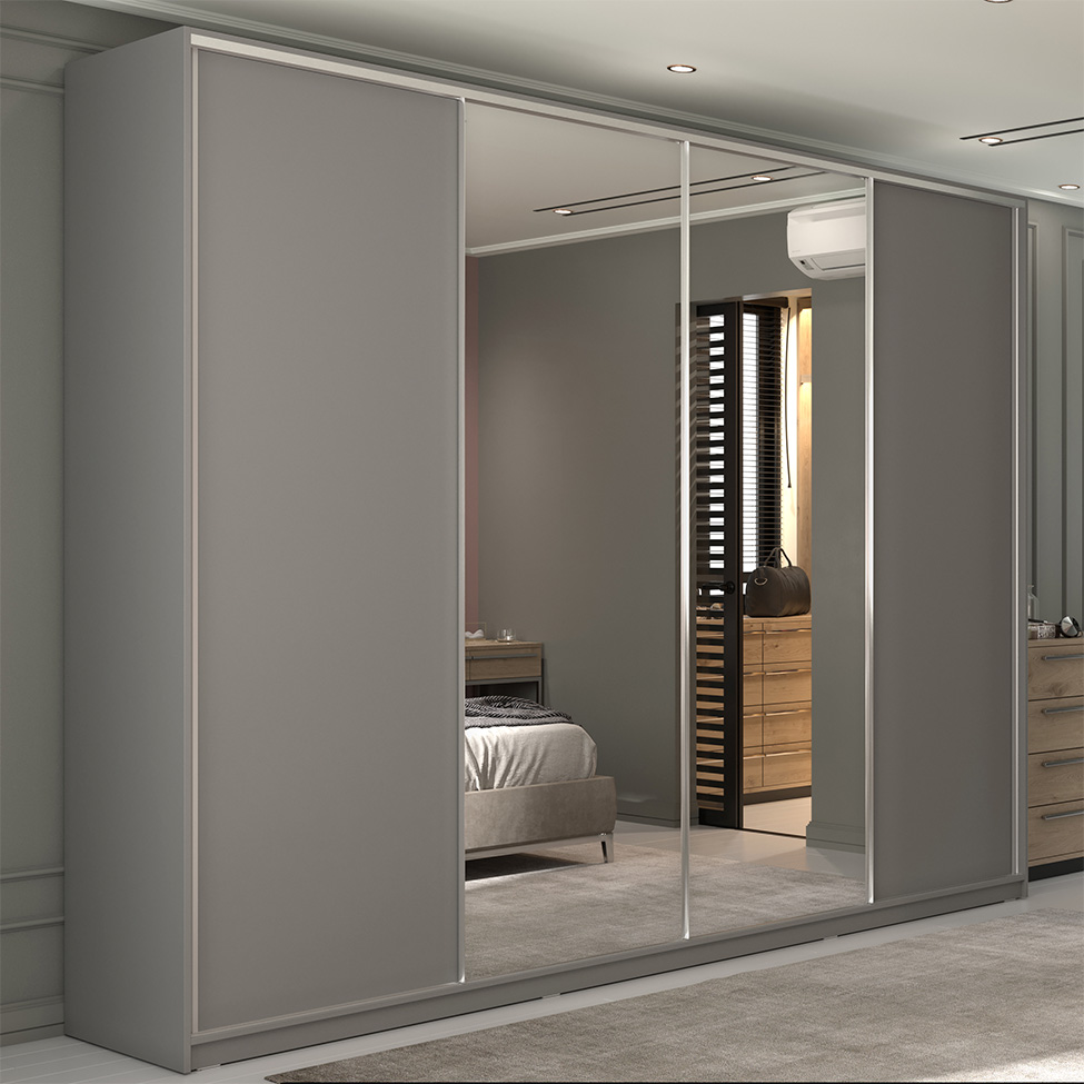 Guarda-Roupa Casal com 2 Espelhos Zermatt 100% MDF 4 Portas 6 Gavetas Cinza