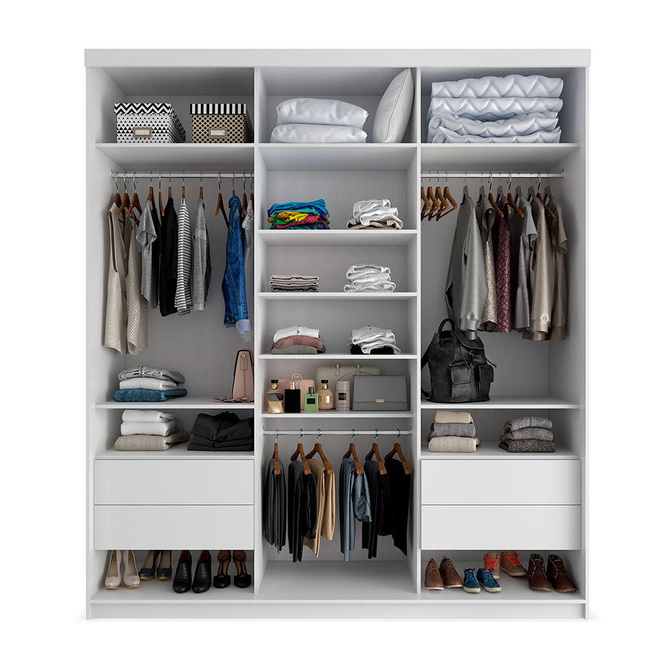 Guarda-Roupa Casal com 3 Espelhos Genebra 100% MDF 3 Portas 4 Gavetas Branco