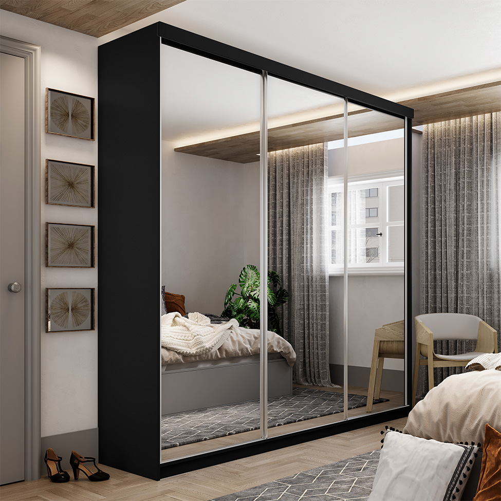 Guarda-Roupa Casal com 3 Espelhos Geneve 100% MDF 3 Portas 4 Gavetas Preto