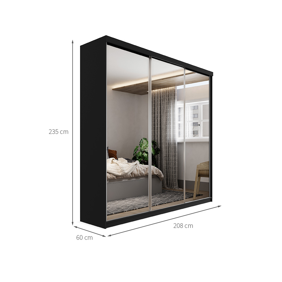 Guarda-Roupa Casal com 3 Espelhos Geneve 100% MDF 3 Portas 4 Gavetas Preto
