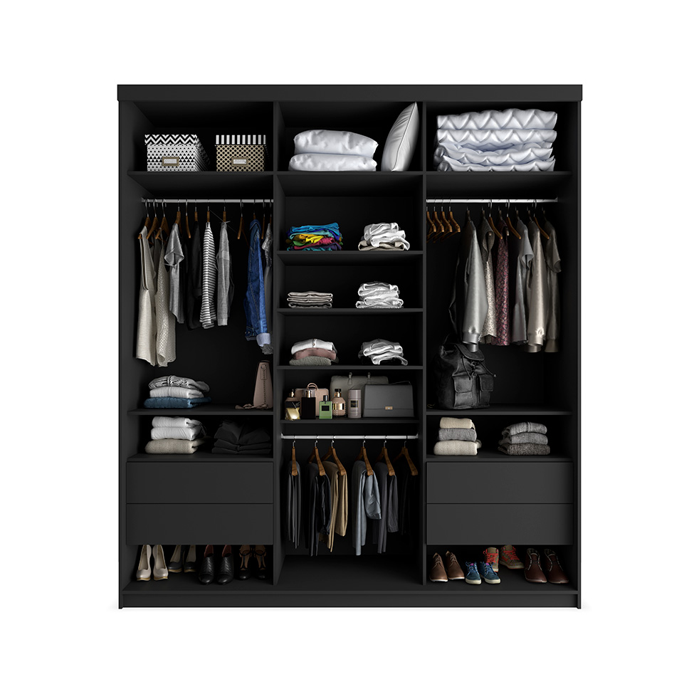 Guarda-Roupa Casal com 3 Espelhos Geneve 100% MDF 3 Portas 4 Gavetas Preto