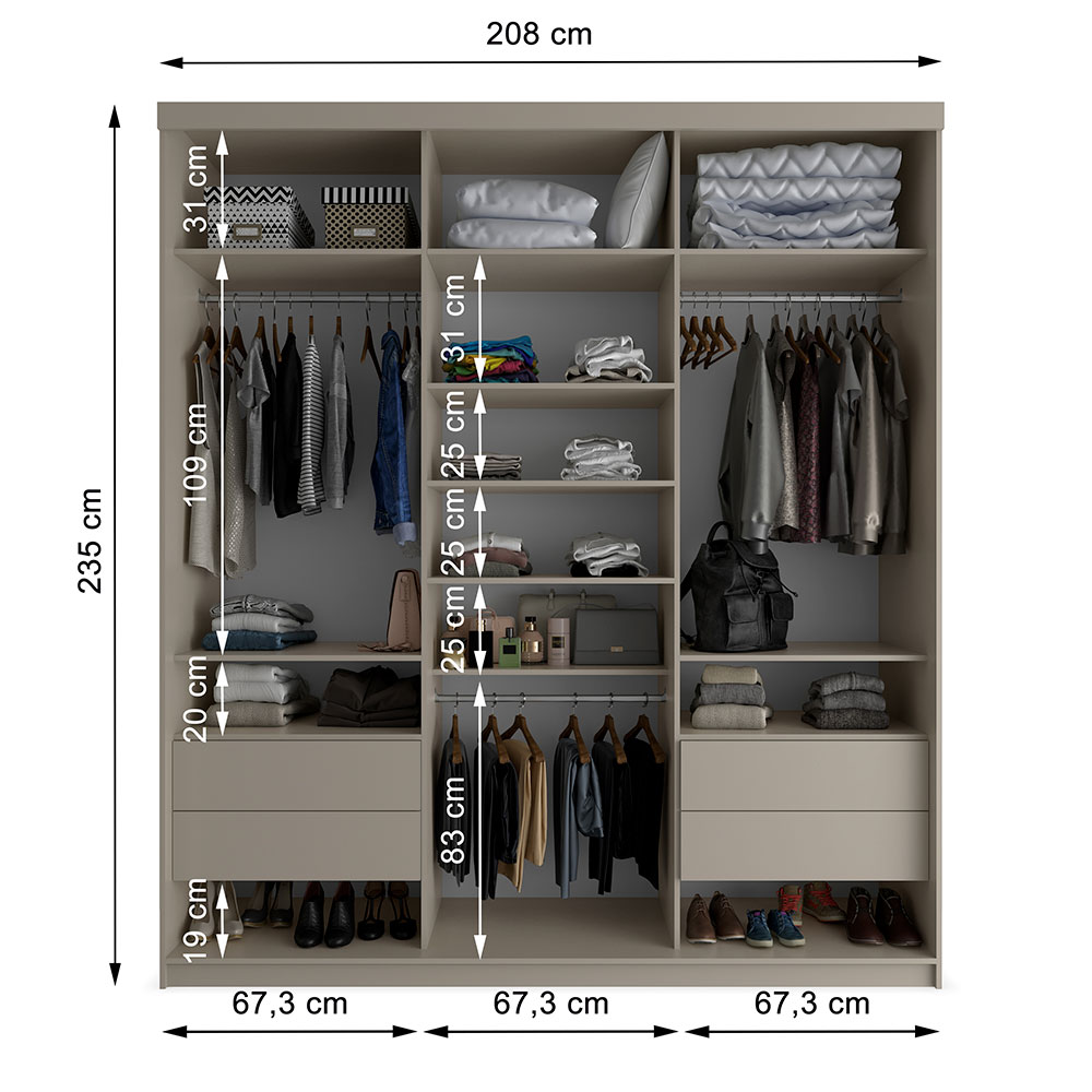 Guarda-Roupa Casal com 3 Espelhos Geneve 3 Portas 4 Gavetas Bege