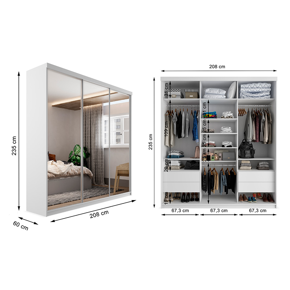Guarda-Roupa Casal com 3 Espelhos Geneve 3 Portas 4 Gavetas Branco