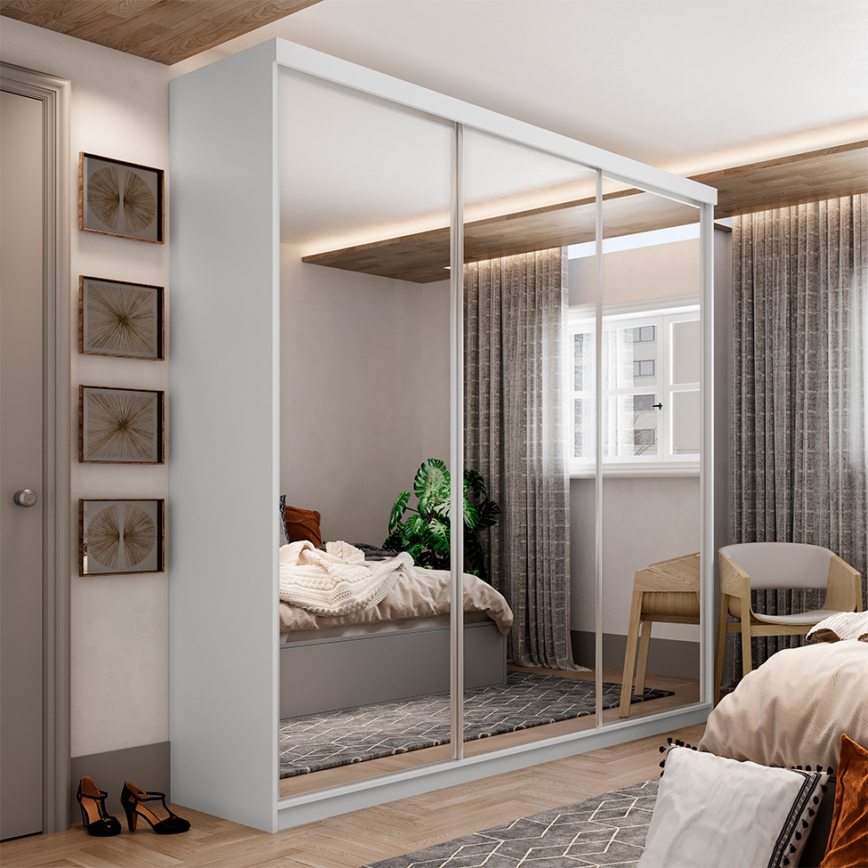 Guarda-Roupa Casal com 3 Espelhos Geneve 3 Portas 4 Gavetas Branco