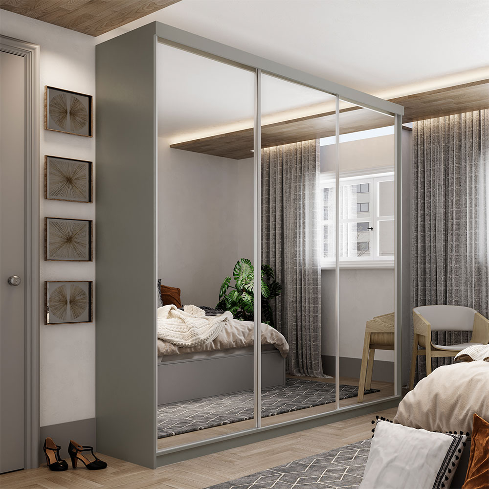Guarda-Roupa Casal com 3 Espelhos Geneve 3 Portas 4 Gavetas Cinza