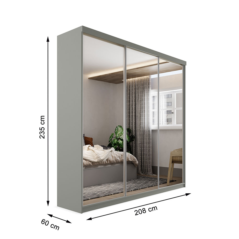 Guarda-Roupa Casal com 3 Espelhos Geneve 3 Portas 4 Gavetas Cinza