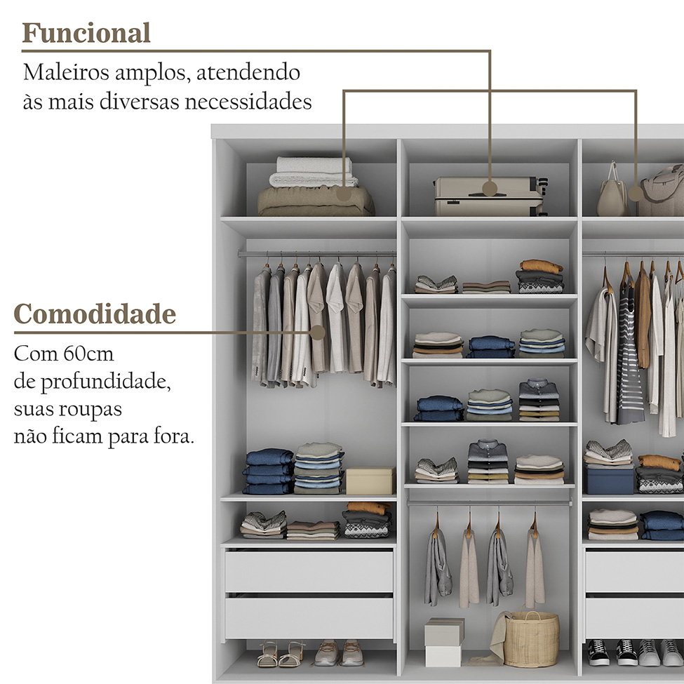 Guarda-Roupa Casal com 3 Espelhos Geneve 3 Portas 4 Gavetas Cinza