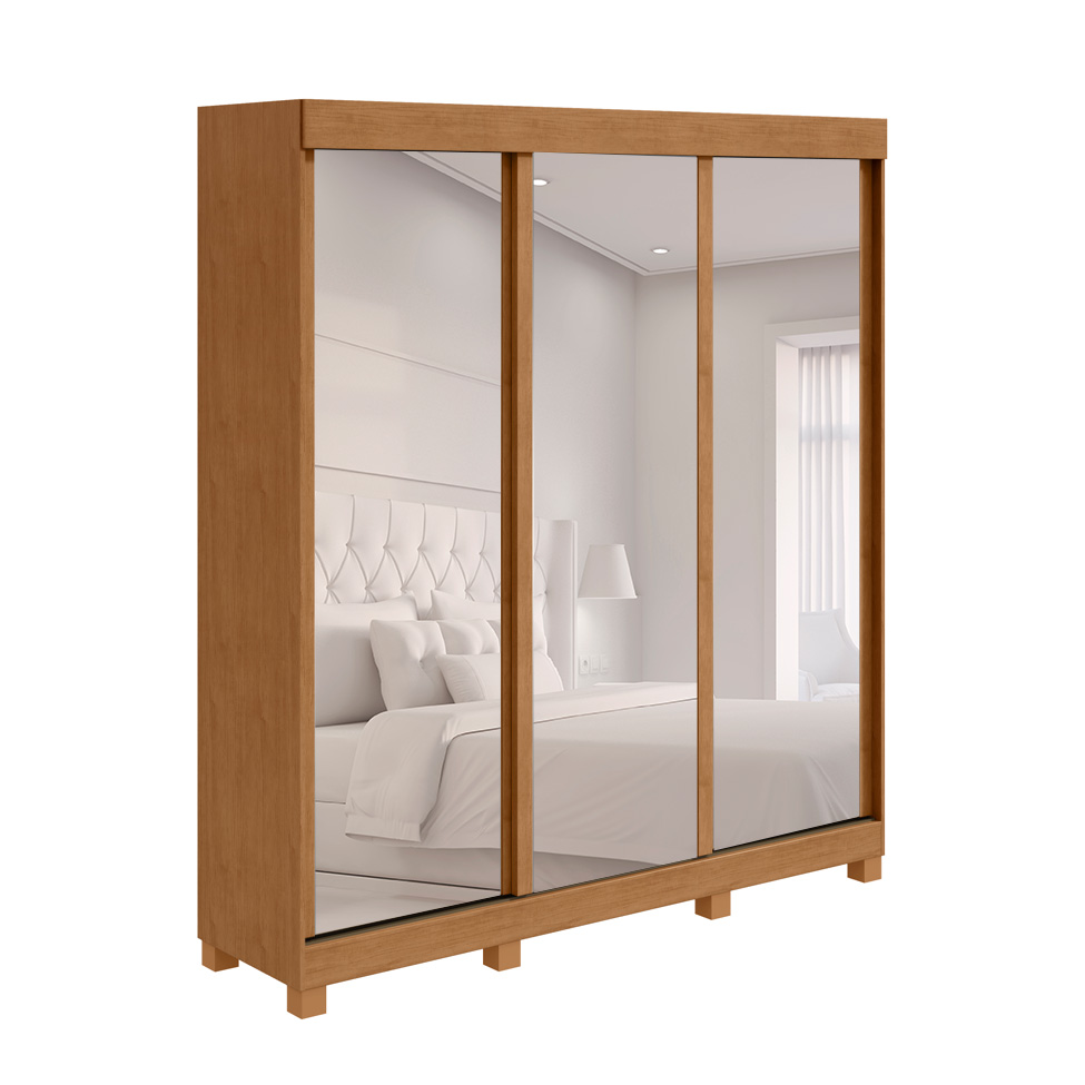 Guarda-Roupa Casal com 3 Espelhos Saion com Pés 3 Portas 3 Gavetas Off White e Amêndoa