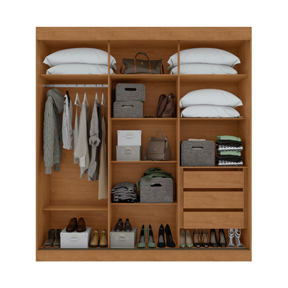 Guarda-Roupa Casal com 3 Espelhos Saion com Pés 3 Portas 3 Gavetas Off White e Amêndoa