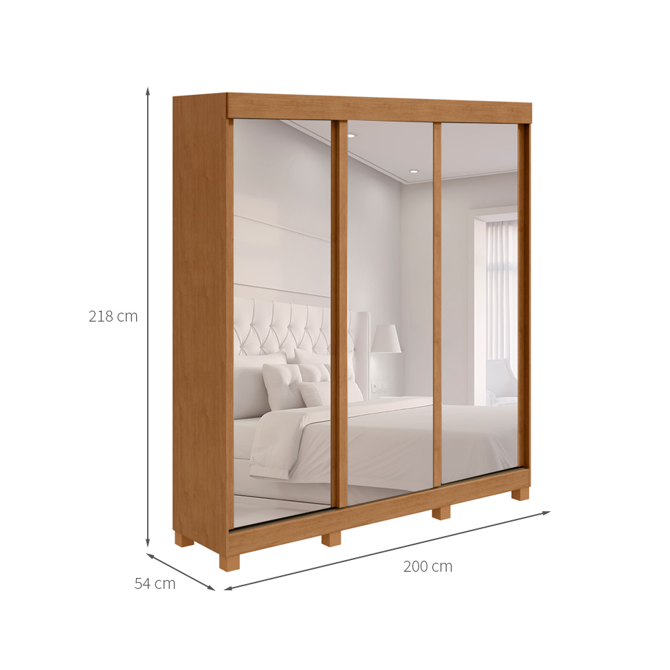 Guarda-Roupa Casal com 3 Espelhos Saion com Pés 3 Portas 3 Gavetas Off White e Amêndoa