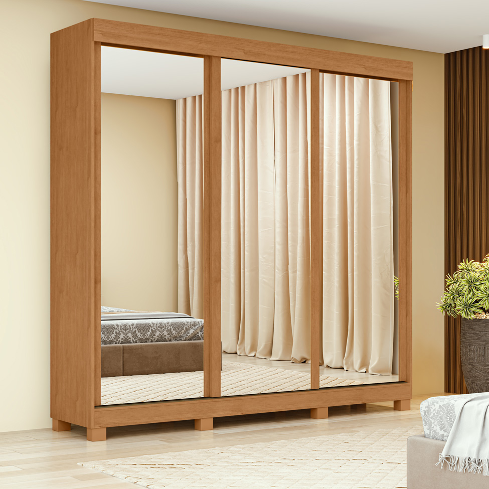 Guarda-Roupa Casal com 3 Espelhos Saion com Pés 3 Portas 3 Gavetas Off White e Amêndoa