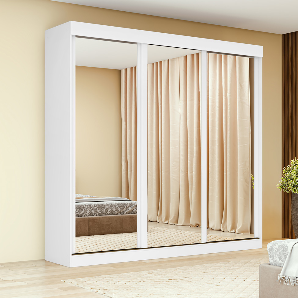Guarda-Roupa Casal com 3 Espelhos Saion sem Pés 3 Portas 3 Gavetas Branco