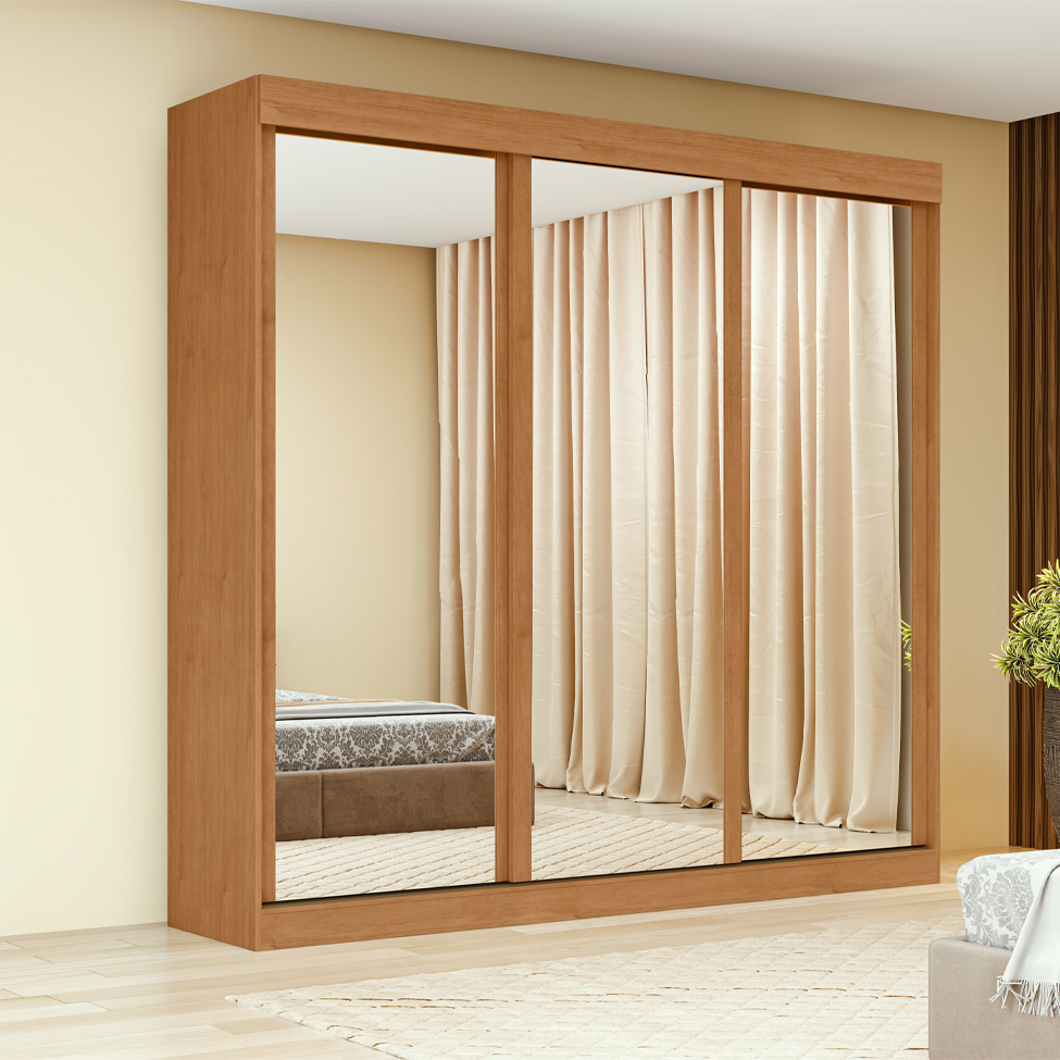 Guarda-Roupa Casal com 3 Espelhos Saion sem Pés 3 Portas 3 Gavetas Off White e Amêndoa