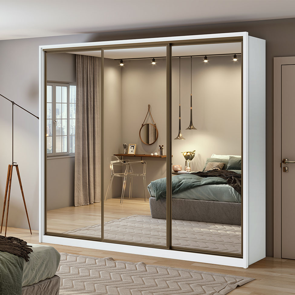 Guarda-Roupa Casal com 3 Espelhos Spazio 3 PT 6 GV Branco 270 cm