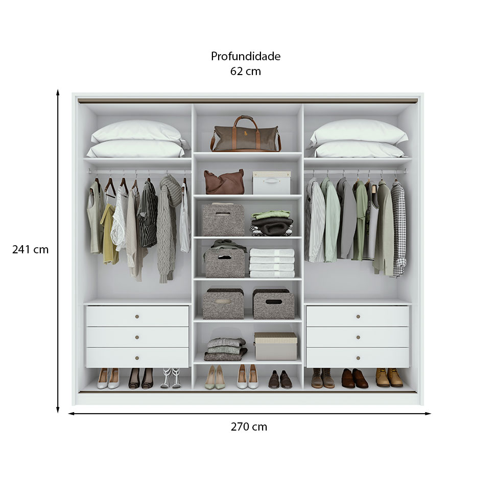 Guarda-Roupa Casal com 3 Espelhos Spazio 3 PT 6 GV Branco 270 cm