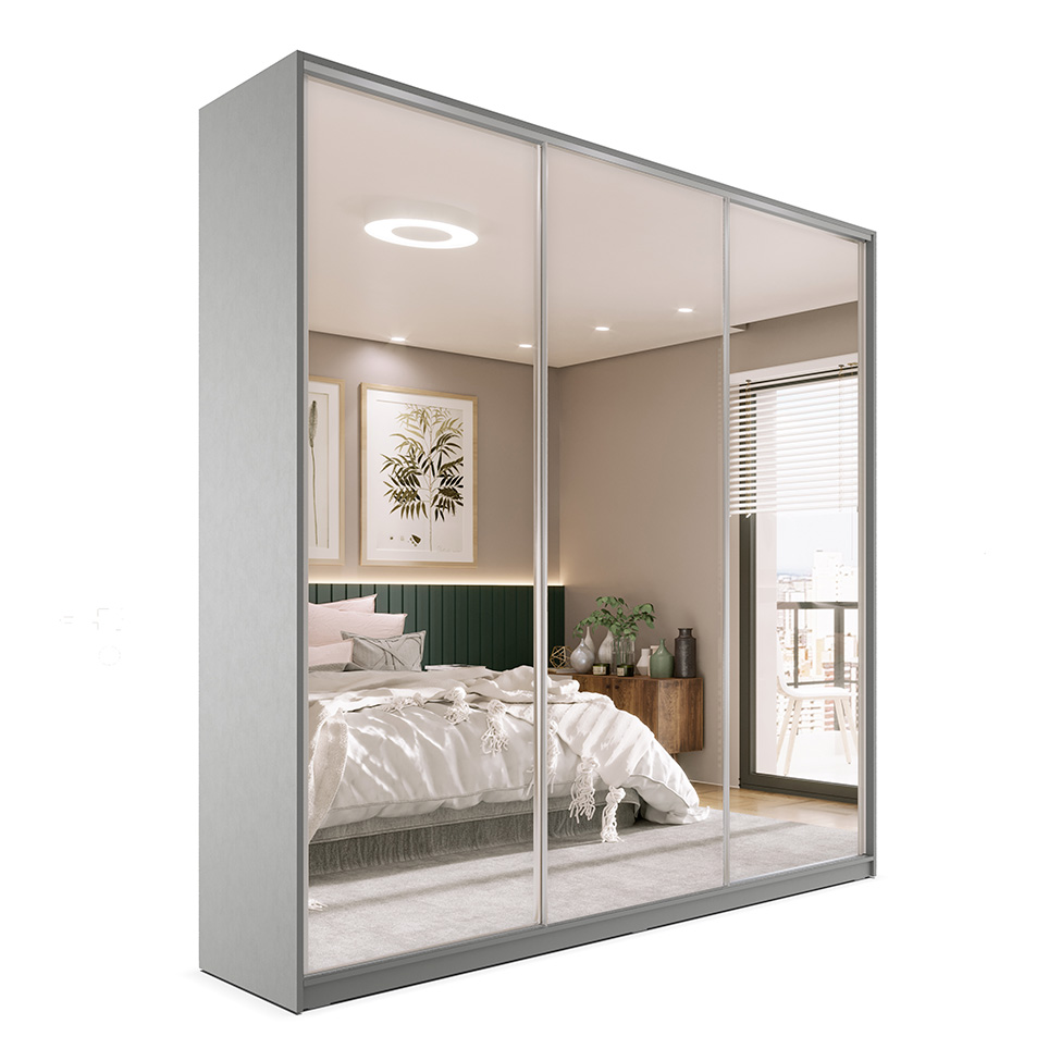 Guarda-Roupa Casal com 3 Espelhos Zemartt 100% MDF 3 Portas 3 Gavetas Cinza