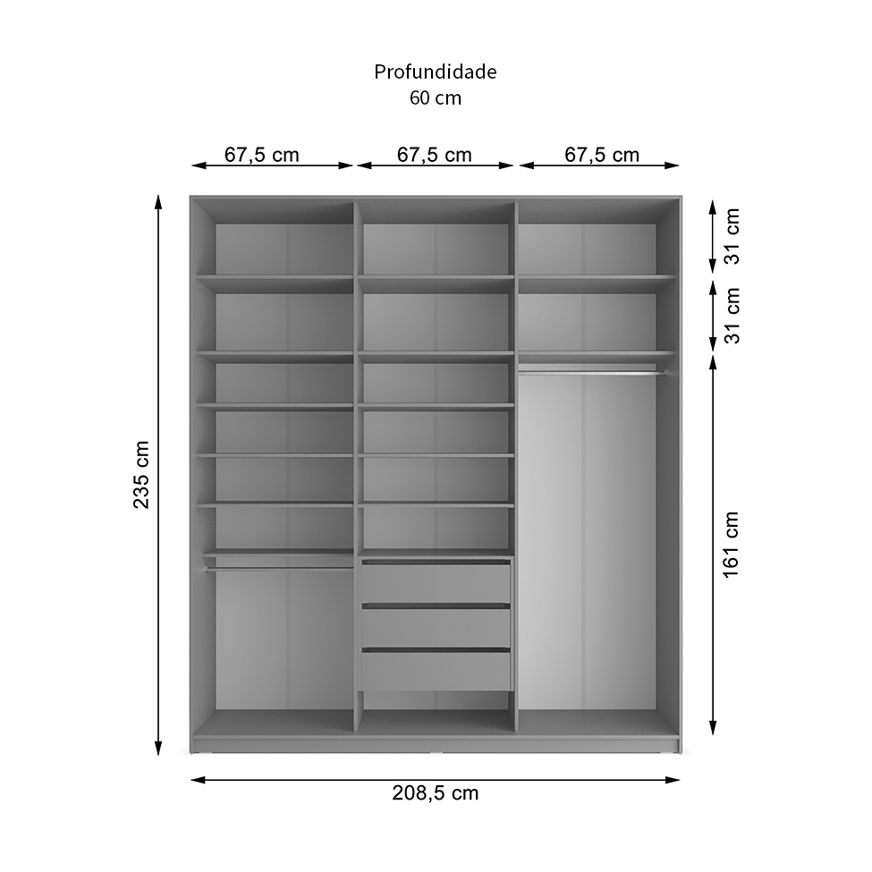 Guarda-Roupa Casal com 3 Espelhos Zemartt 100% MDF 3 Portas 3 Gavetas Cinza