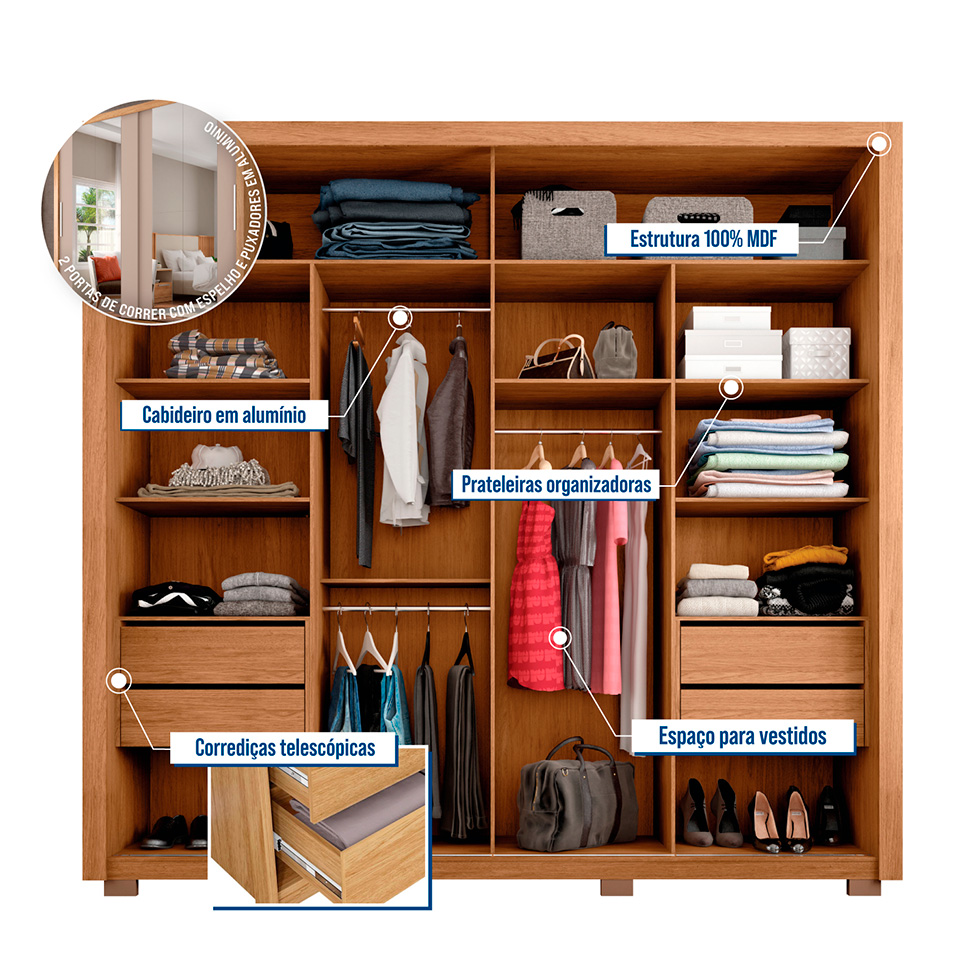 Guarda-Roupa Casal com 4 Espelhos Praticus 2 Portas 4 Gavetas Buriti e Fendi