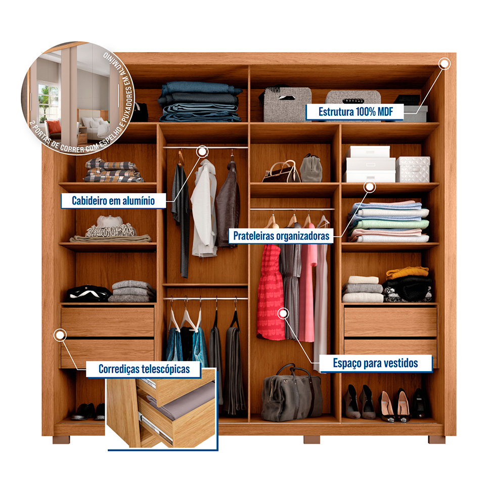 Guarda-Roupa Casal com 4 Espelhos Praticus 2 Portas 4 Gavetas Freijó e Off White