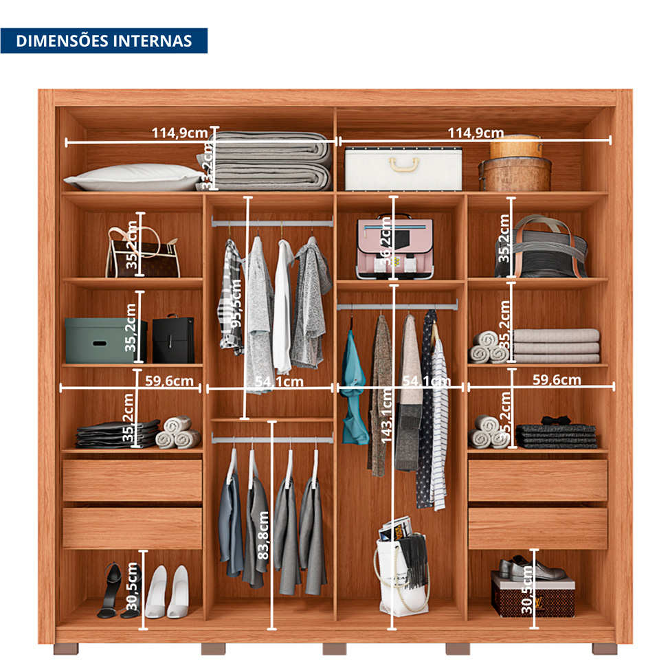 Guarda-Roupa Casal com 4 Espelhos Romanus Ripado 2 Portas 4 Gavetas Freijó e Off White
