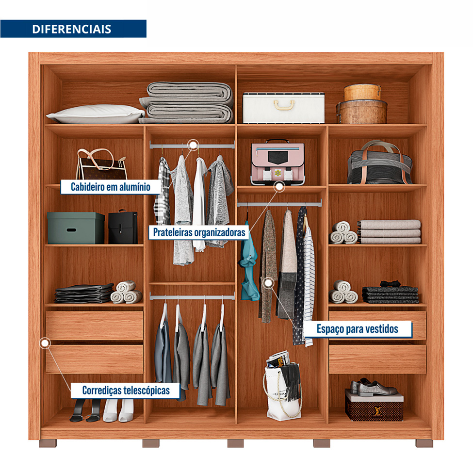 Guarda-Roupa Casal com 4 Espelhos Romanus Ripado 2 Portas 4 Gavetas Freijó e Off White