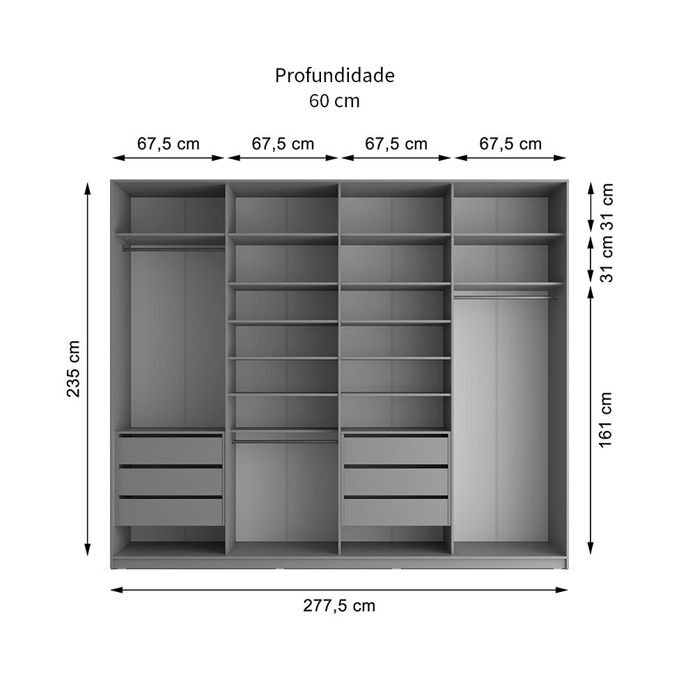 Guarda-Roupa Casal com 4 Espelhos Zermatt 100% MDF 4 Portas 6 Gavetas Cinza