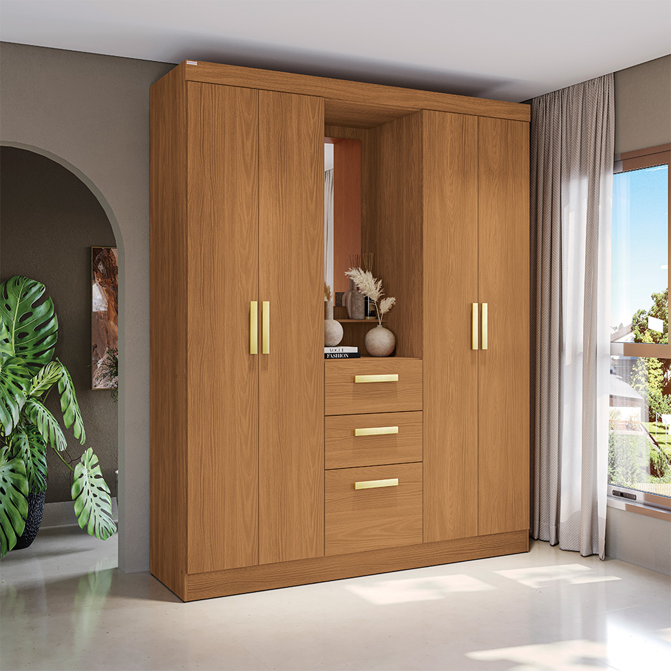 Guarda-Roupa Casal com Espelho Albi 5 Portas 2 Gavetas Canela