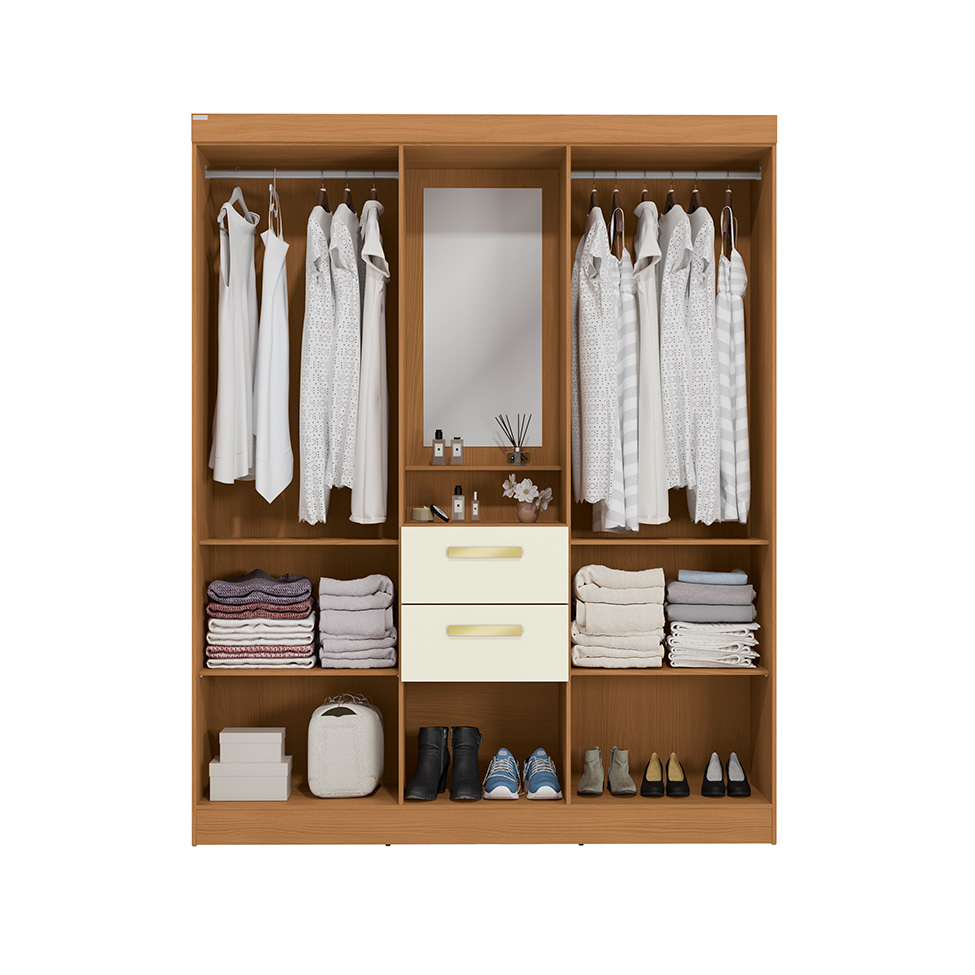 Guarda-Roupa Casal com Espelho Albi 5 Portas 2 Gavetas Canela e Off White