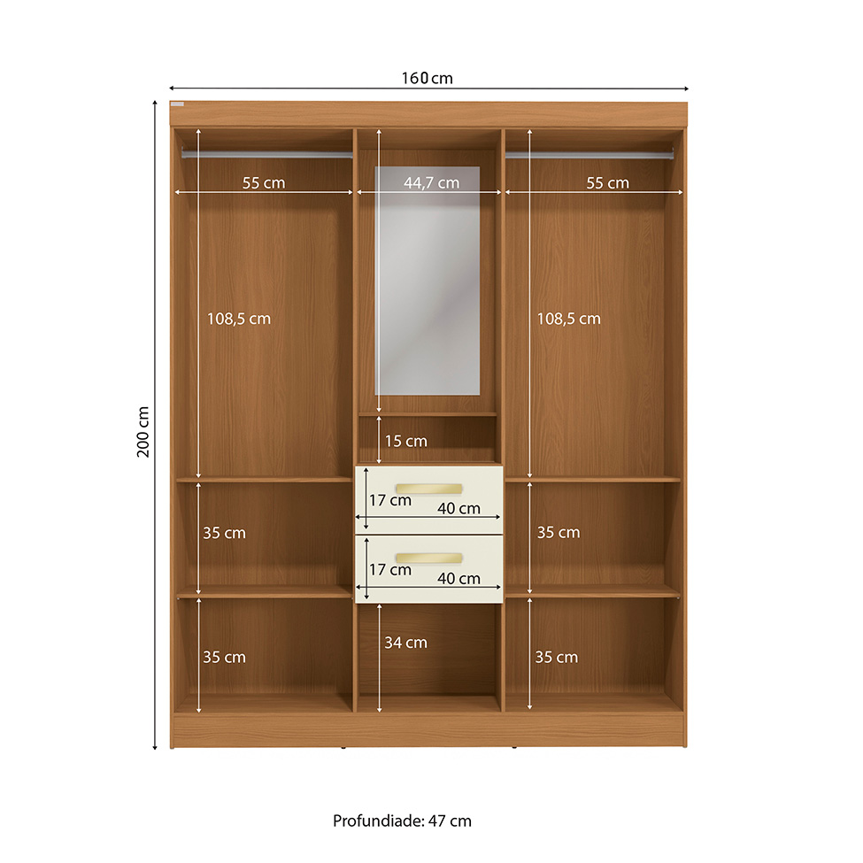 Guarda-Roupa Casal com Espelho Albi 5 Portas 2 Gavetas Canela e Off White