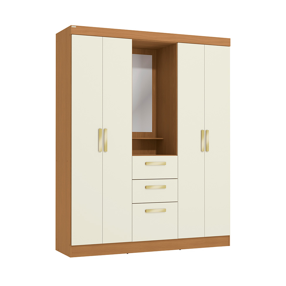 Guarda-Roupa Casal com Espelho Albi 5 Portas 2 Gavetas Canela e Off White