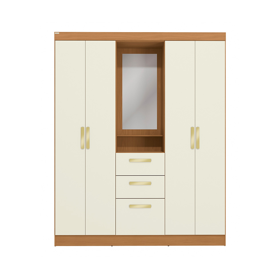Guarda-Roupa Casal com Espelho Albi 5 Portas 2 Gavetas Canela e Off White