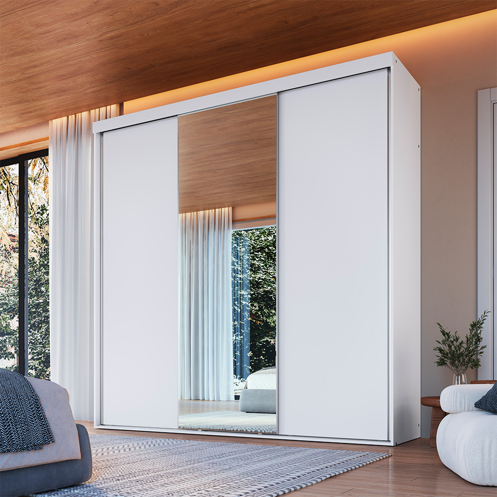 Guarda-Roupa Casal com Espelho Alya 3 Portas 4 Gavetas Branco
