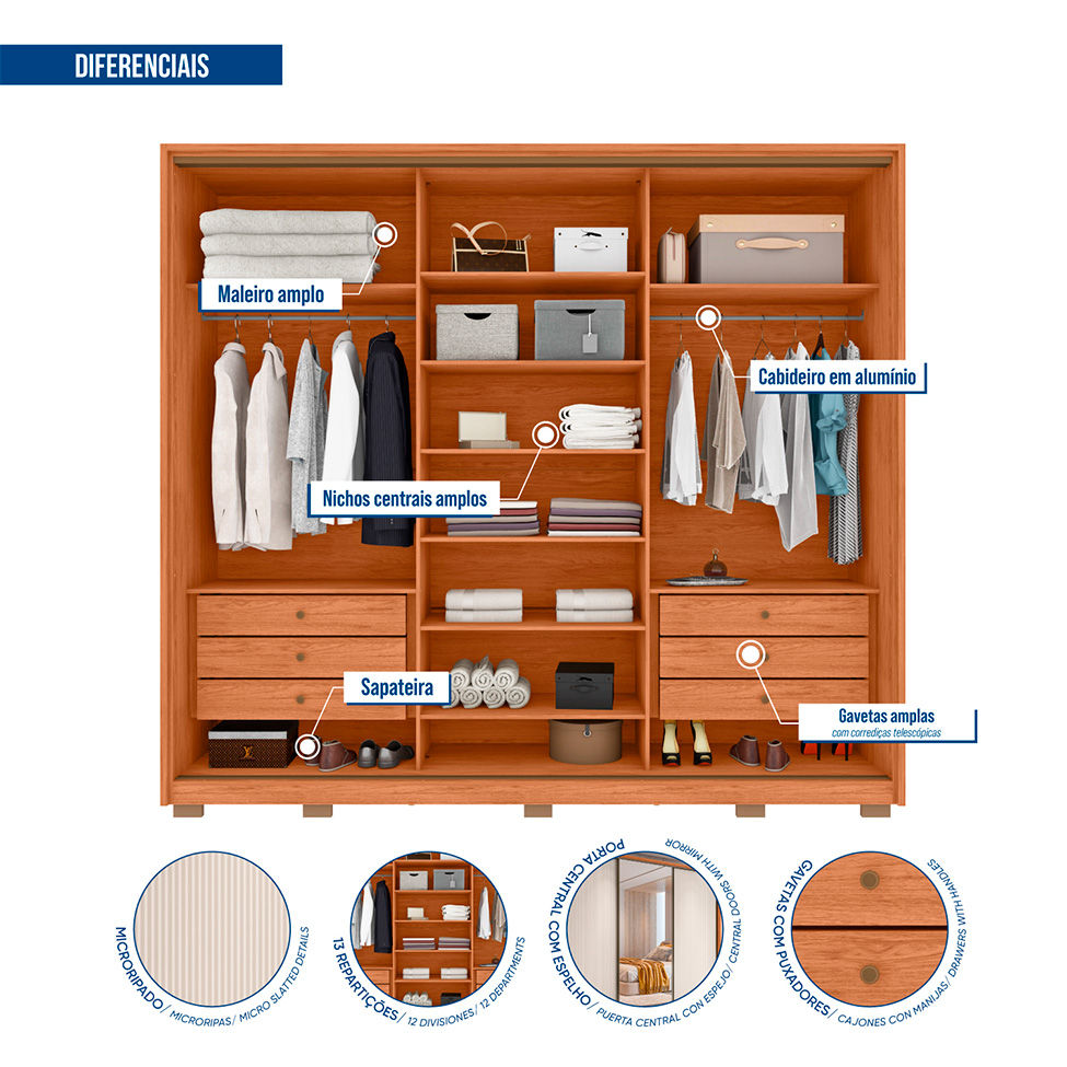 Guarda-Roupa Casal com Espelho Amara 3 Portas 6 Gavetas Freijó e Off White