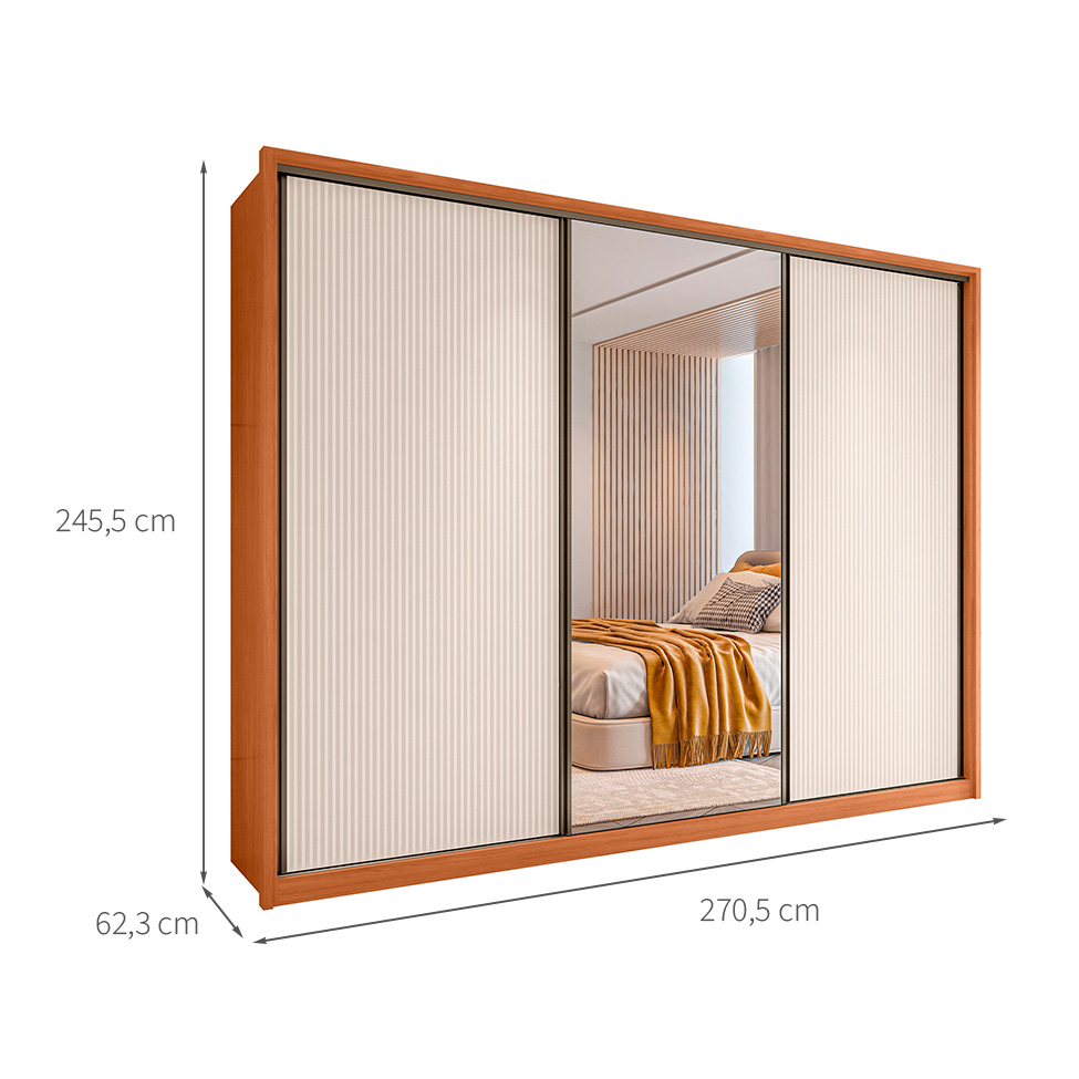 Guarda-Roupa Casal com Espelho Amara 3 Portas 6 Gavetas Freijó e Off White