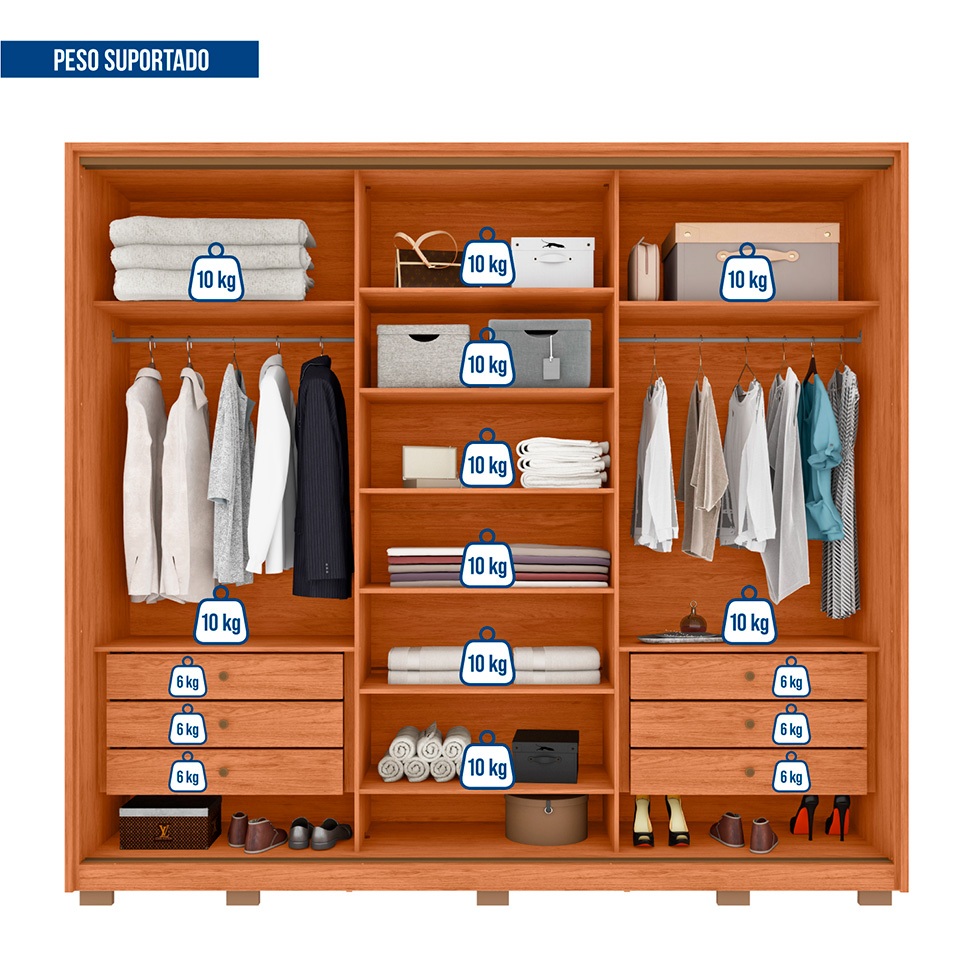 Guarda-Roupa Casal com Espelho Amara Flex 3 Portas 6 Gavetas Freijó e Preto
