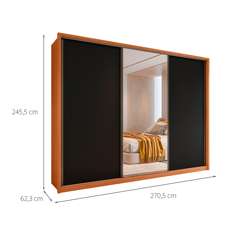 Guarda-Roupa Casal com Espelho Amara Flex 3 Portas 6 Gavetas Freijó e Preto