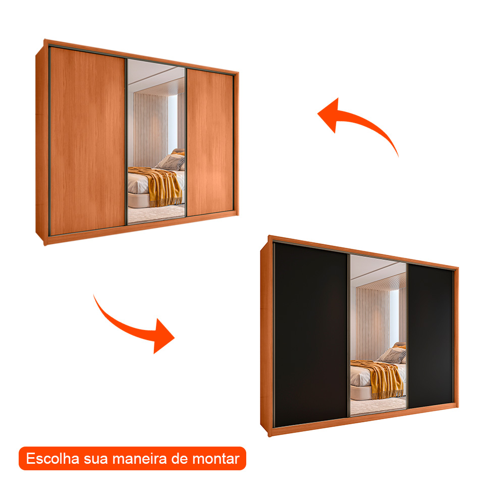 Guarda-Roupa Casal com Espelho Amara Flex 3 Portas 6 Gavetas Freijó e Preto
