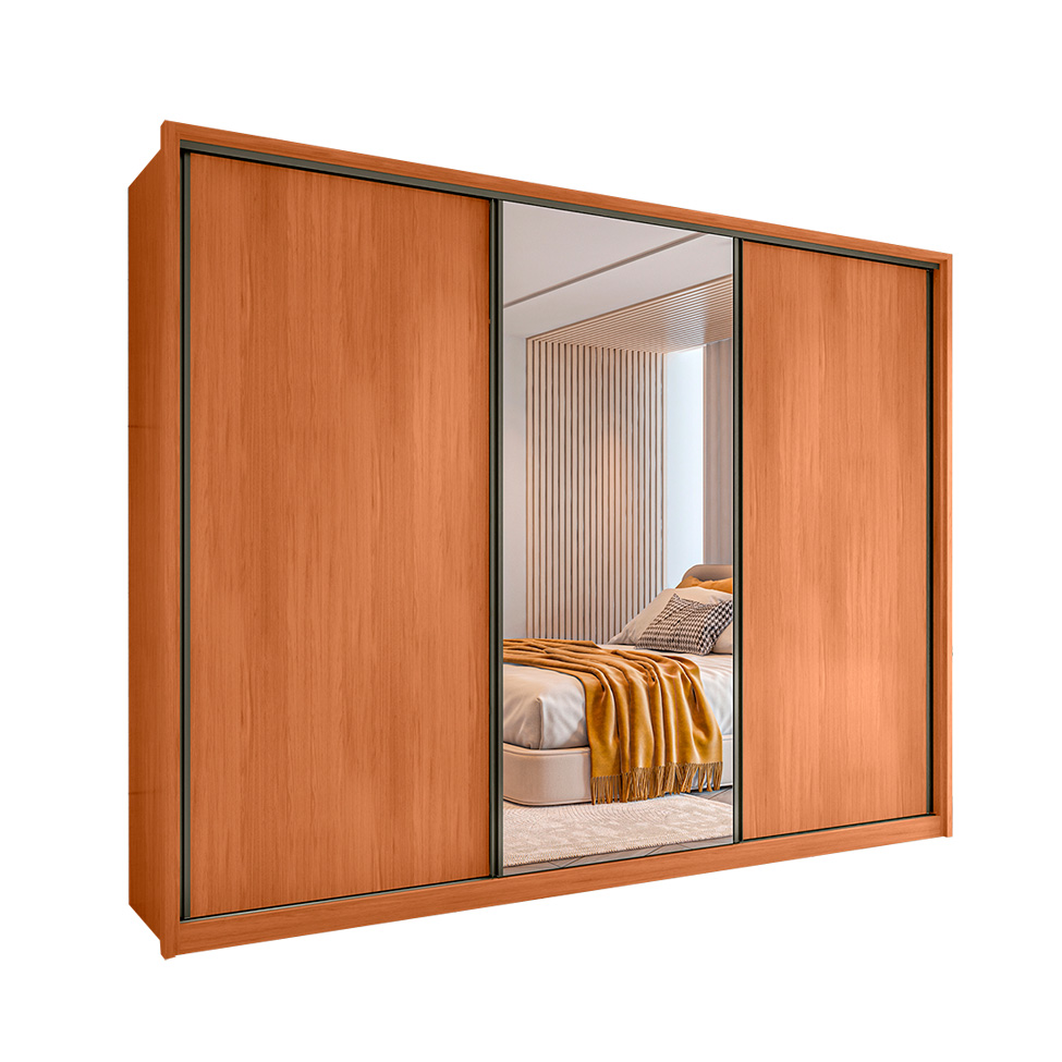 Guarda-Roupa Casal com Espelho Amara Flex 3 Portas 6 Gavetas Freijó e Preto
