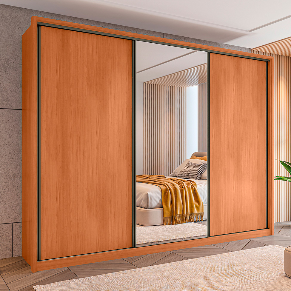 Guarda-Roupa Casal com Espelho Amara Flex 3 Portas 6 Gavetas Freijó e Preto
