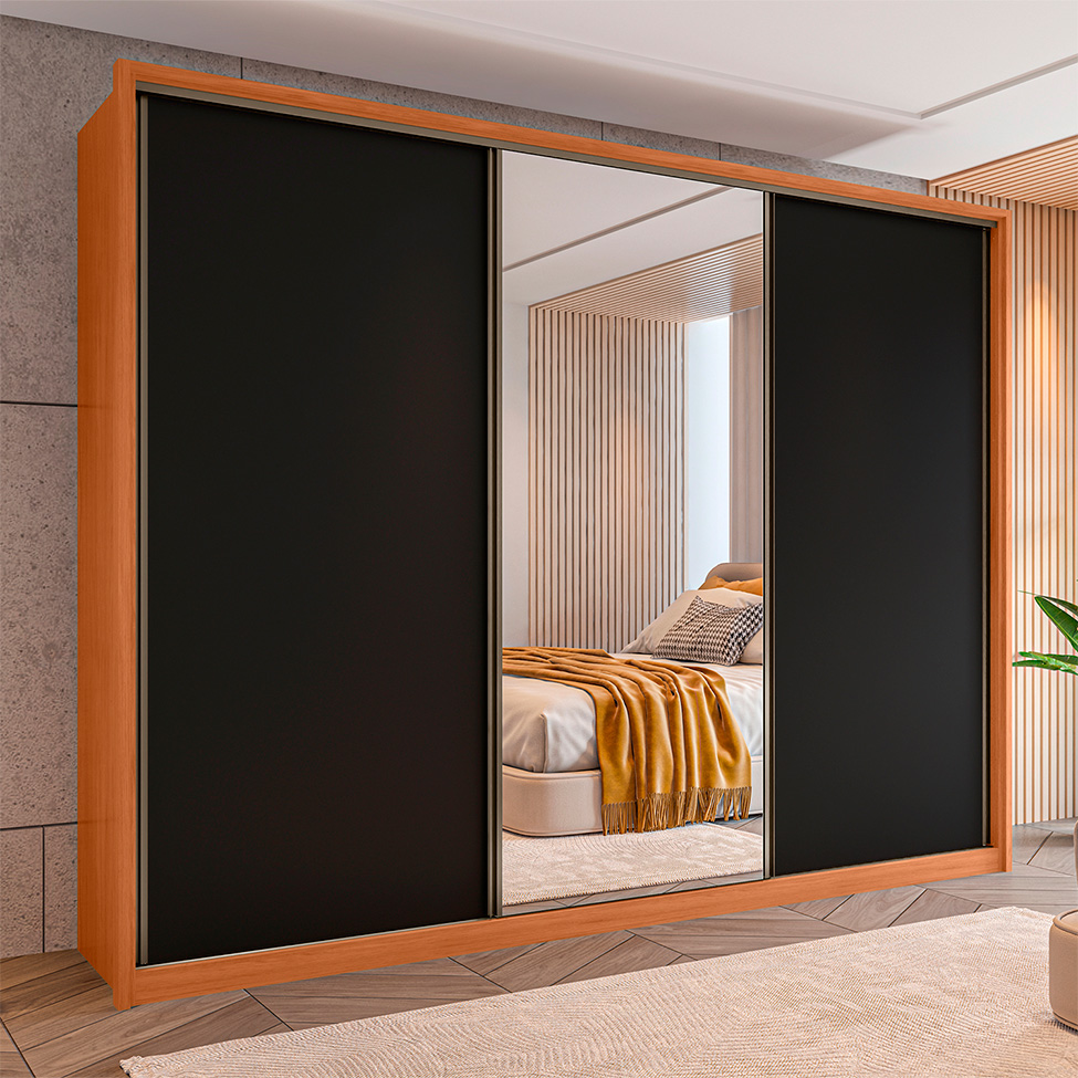 Guarda-Roupa Casal com Espelho Amara Flex 3 Portas 6 Gavetas Freijó e Preto