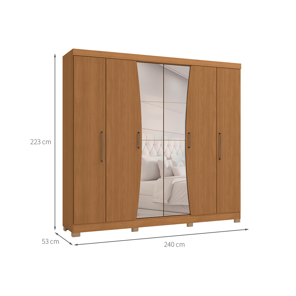 Guarda-Roupa Casal com Espelho Angers 6 Portas 3 Gavetas Canela