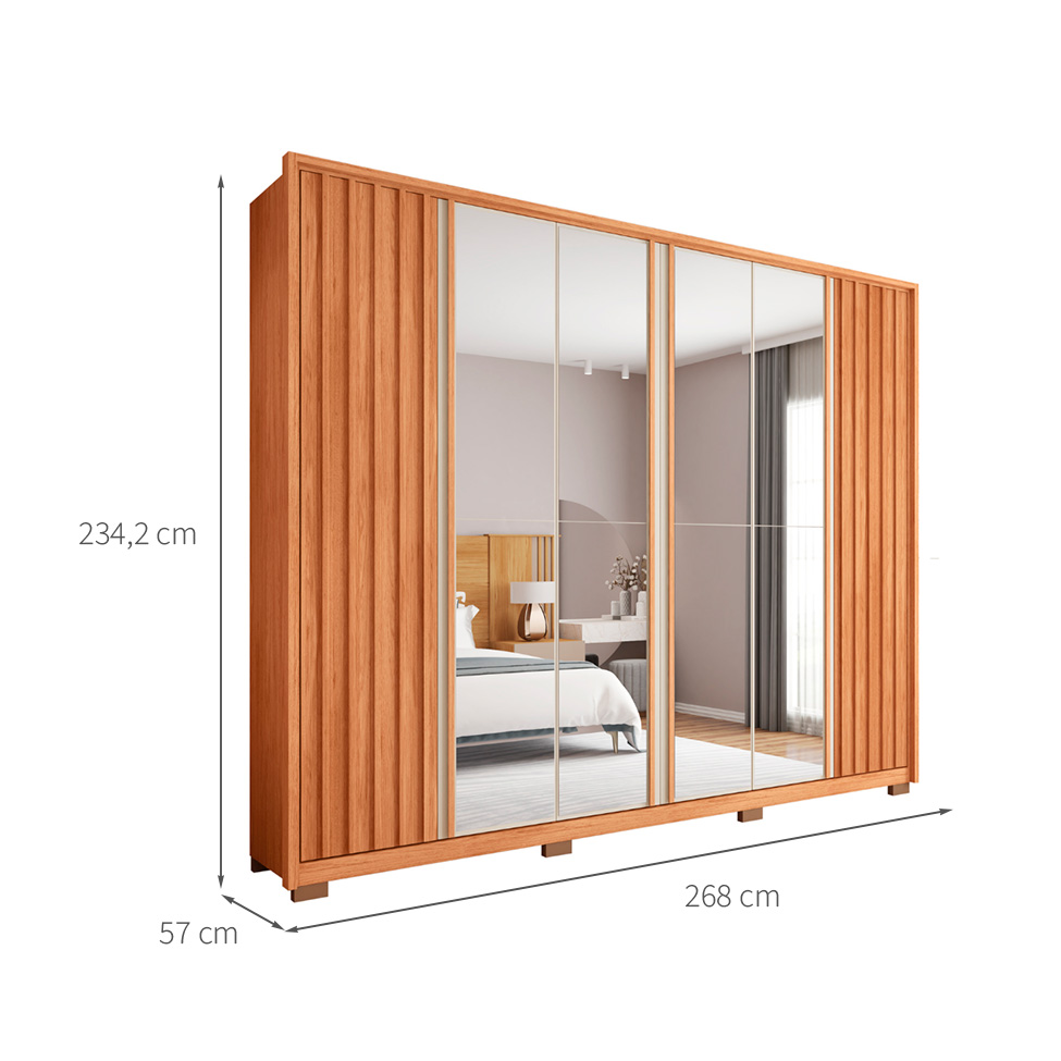 Guarda-Roupa Casal com Espelho Apollo Ripado 6 Portas 4 Gavetas Freijó e Off White