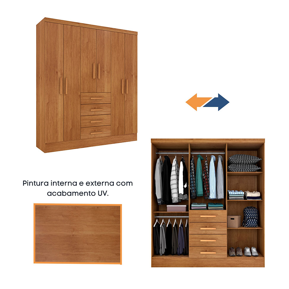 Guarda-Roupa Casal com Espelho Arizona 6 Portas 4 Gavetas Cinamomo